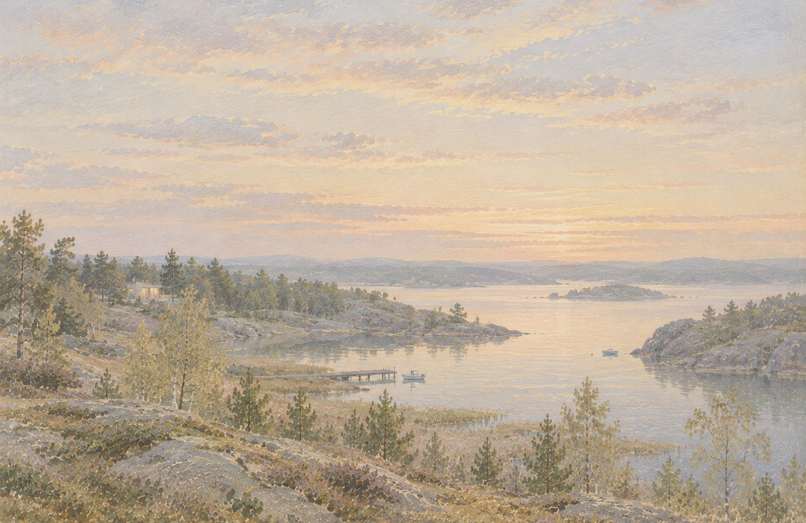 Målning: vik med brygga, kvällsljus